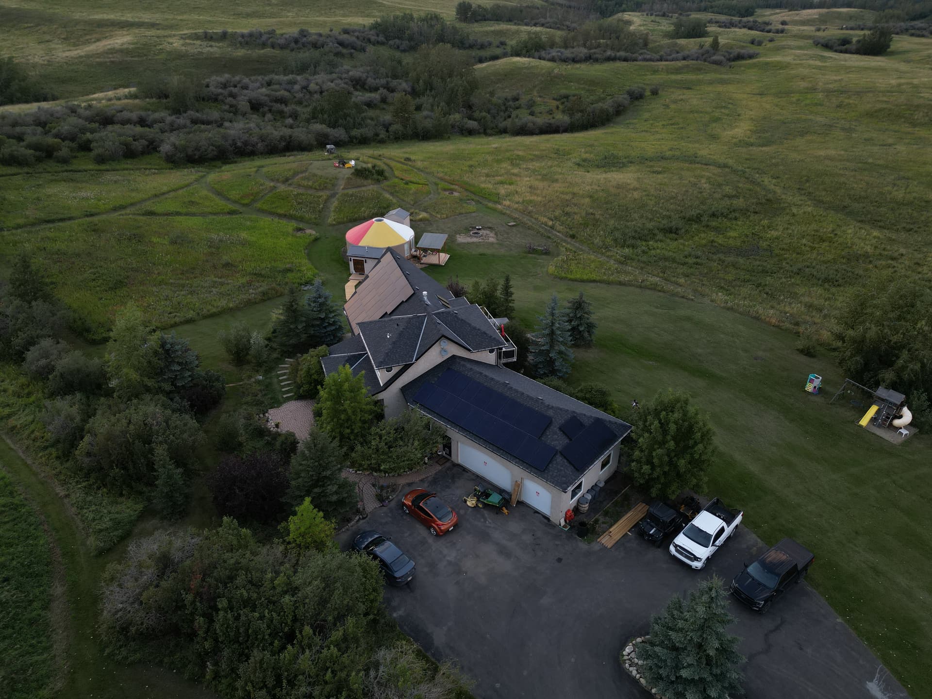 Aerial drone view of residential solar installation Calgary